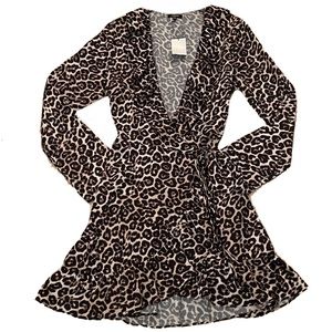 NWT ARRIVE Leopard Print Wrap Ruffle Dress Long Sleeve Animal Size M Party Boho